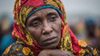 © dominic - African woman with colorful headscarf resting her chin on hand looking thoughtful with pensive expression outdoors with blurred background in natural light