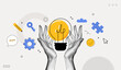 © accogliente - Trendy Halftone Collage Two Hands holds lightbulb. Creative mind, brainstorm or innovation. Create creative idea concept. Business solutions. Think outside box. Contemporary vector illustration art