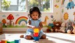 © Evarelle - A cute toddler girl playing with colorful building blocks at home. Child learning and developing motor skills in a sunny playroom. Early childhood education concept