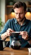 © Fotograf - A person sitting at a table with a cup of coffee, perfect for office or home use