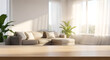 © mazzid - Wood Table Top Living Room Interior Blurred Background Copy Space
