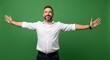 © Margarita Ratatosk - Happy man with open arms showing gesture of welcome or freedom. Adult caucasian male on green screen background. Effect for chromakey.