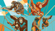 © NurHidayah - Dynamic illustration of chimpanzees climbing ropes with bold geometric colors, emphasizing movement, agility, and strong primate behavior in a lively artistic composition.