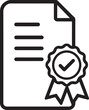 © KOLE - Line icon of a certified document with a ribbon seal and checkmark representing an official guarantee license or approved quality standard certificate vector stroke