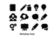 © Viacheslav - Workshop Tools Icon Set. Workshop Tools. Solid icon set of Workshop Tools: notebook, pencil, sticky notes, light bulb, idea cloud, people collaboration,