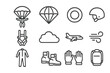 © Svitlana - Parachute Landing Icons. Landing sequence. Line icon set of landing sequence: parachutist, parachute, landing zone, helmet, harness, cloud, airplane, wind