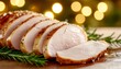 © bluebeat76 - Succulent roasted turkey breast slices garnished with fresh rosemary against warm golden bokeh lighting for holiday feast