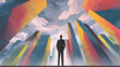 © Keopaserth - Urban businessman silhouette looking up at towering skyscraper skyline with dramatic clouds and warm light, ambitious career concept and modern office district