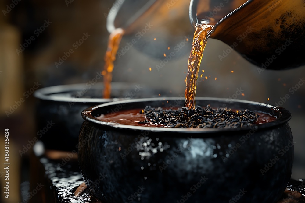 Hot liquid pouring into a large pot with black tea leaves, creating ...