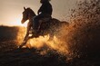 © gankevstock - Cowboy on horseback powerfully gallops through dust at golden hour, backlit by setting sun