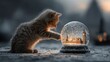 © 楠 刘 - Playful cat pushing a London snowglobe off a table, showing a humorous moment with the curious pet, the falling glass sphere, and a bright indoor setting that highlights motion and mischief