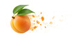 © masud - Juicy ripe apricot with leaves, splashing juice and pieces of fruit, isolated on a white background, representing freshness and natural goodness