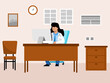 © roundsquid - Female doctor working in front of computer in her room. Hospital vector illustration. Flat illustration concept.