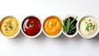 © Chaikit - a stylish, modern presentation of five classic dipping sauces, artfully arranged with soft natural shadows, the glossy textures of each sauce standing out against the pure white background