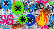 © ByMbok - Graffiti wall with bright colors and unique symbols covering cracked textured surfaces