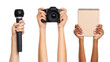 © Sahidul Islam - Hands holding microphone, camera, and notebook for news media isolated on white background