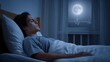 © Thares2020 - Man sleeping peacefully in a dark bedroom at night with the moon and a heart pulse graphic visible through the window
