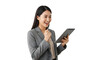 © Biru Langit Desember - Optimistic young Asian professional woman happily celebrating success while engaging with a digital tablet expressing triumph and positive achievement. This elegant and successful female executive