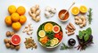 © polash27 - Healthy ingredients and fresh salad bowl for balanced nutrition on white.