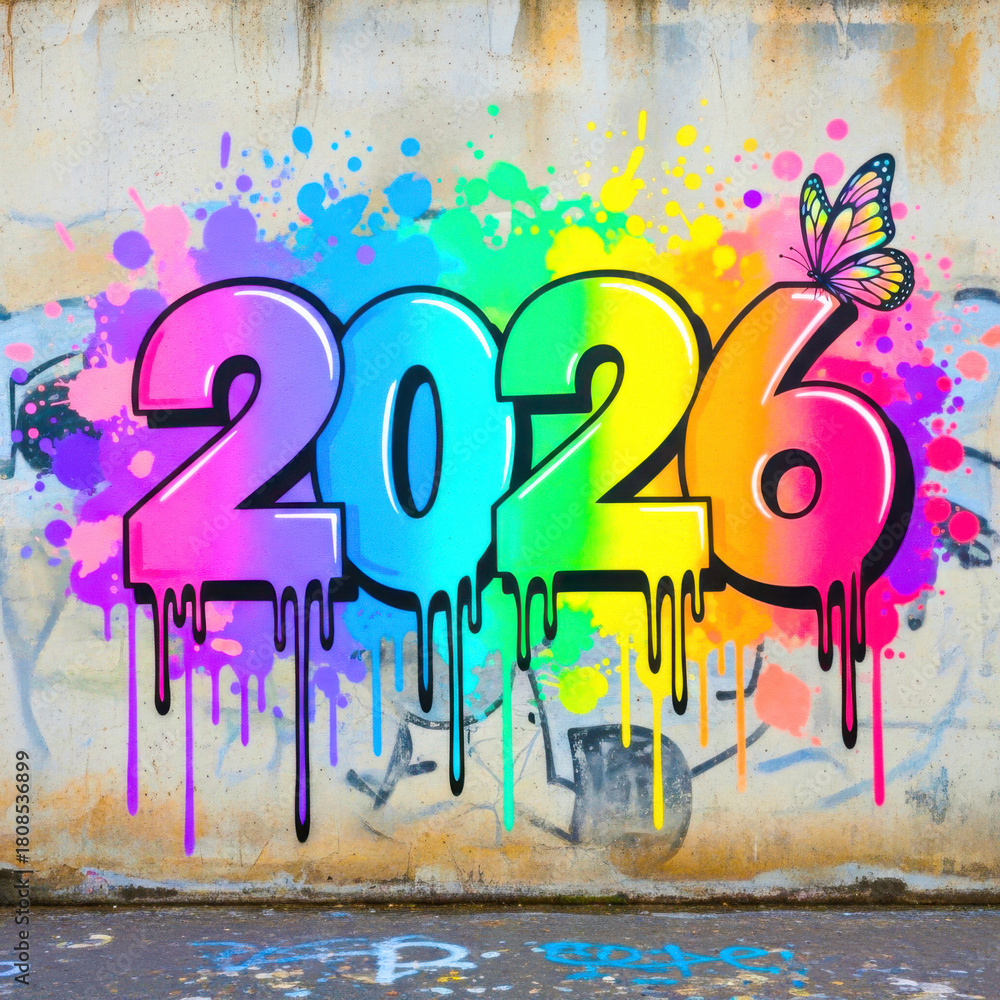 Vibrant graffiti art featuring the year 2026 with a butterfly ...