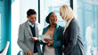 © FlexOn/peopleimages.com - Laughing, business people or lawyer in office with tablet for advocacy, legal talk or manager advice. Happy, team discussion and tech with attorney management for lawsuit plan, feedback and equality.
