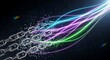 © redi - Dynamic digital transformation a metal chain breaks apart, whisking into vibrant light streams, symbolizing powerful progress and technological liberation