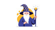 © Power Clipart - Cheerful cartoon wizard with a long white beard and a pointy blue hat with stars holding a magical glowing staff happily.