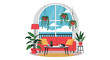 © Power Clipart - Cozy living room with a red sofa a sleeping cat on a table and many plants near a large window with a view of the sky.