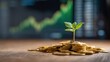 © Andrey - Plant sprout on coins with stock market chart blur.