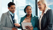 © FlexOn/peopleimages.com - Tablet, business people and lawyer in office with talk for advocacy, legal case and manager advice. Team, tech or communication with attorney management for lawsuit planning, feedback or legislation.