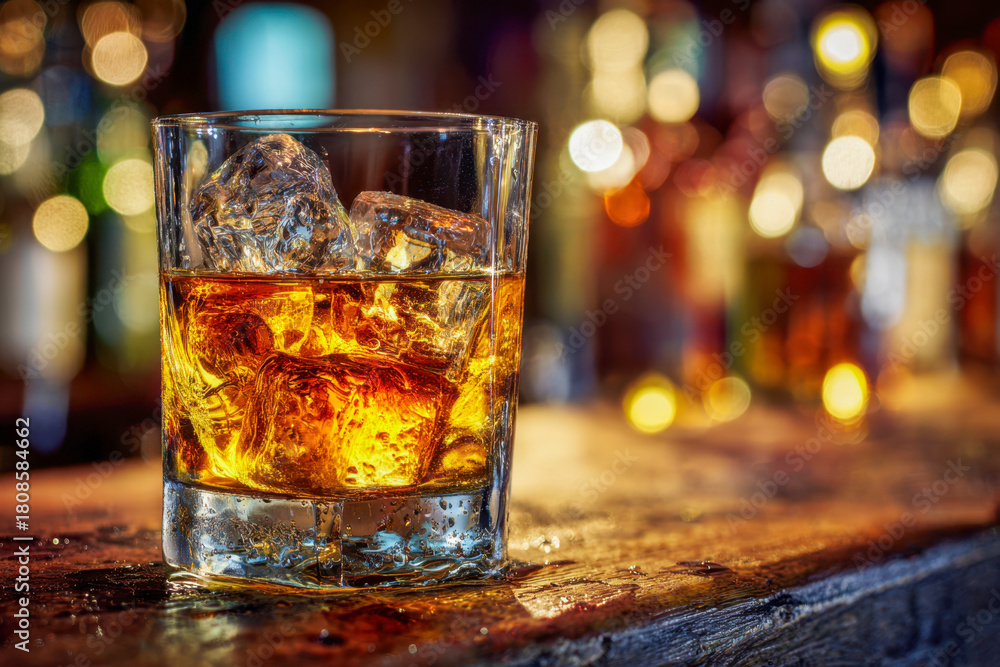 Glass of amber whiskey with ice cubes sitting on a rustic wooden bar counter illuminated by warm and colorful blurred bokeh lights in the background