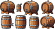 © rakib's world - Wooden barrels and casks illustration, cartoon brewing containers, rustic liquid storage icons, vintage tap clipart, alcohol aging
