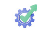 © Vibu design  gallery - A 3D rendering of a blue gear icon with a green checkmark transforming into an upward arrow, symbolizing successful process optimization and progress. background removed