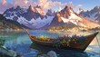 © Abdul - Flower-filled boat rests on lake, mountains beyond