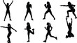 © Wajkuruni - Athletic silhouette poses, fitness movements, workout actions, exercise icons, running jumping squatting, martial arts, boxing stance, vector illustration, active lifestyle