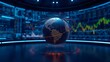 © Feroz - A digital globe rotates in a futuristic studio with stock market data displayed on screens, symbolizing global finance, technology, and interconnectedness in a modern setting