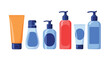 © Ryan - Collection of cosmetic bottles and tubes with pumps and caps on a white background.