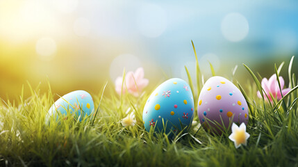  Pastel eggs lie in soft grass, bathed in sunny bokeh light, perfect for Easter themes, holiday cards, seasonal designs.