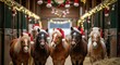 ©  S u n n y B u n n y - Five adorable ponies wearing festive Santa hats standing in a decorated horse stable during the Christmas holiday season