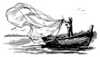© Kaz - fisherman casting net from boat on river hand drawn vintage sketch vector illustration