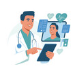 © Universal Icons Lab - Doctor Providing Online Medical Consultation Using Digital Tablet and Telehealth Technology Illustration