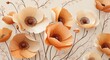 © Pham Ty - Stylized poppy-like flowers in soft orange and beige, with intricate brown centers, arranged with slender brown branches and tiny blossoms. Light beige background. Wallart, banner.