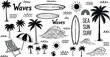 © Omar Art - Summer beach doodle set with palm trees and surfboards