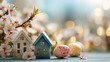© Taisiia - Decorative sweet home and easter eggs on spring floral background with bokeh