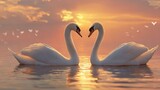 A pair of beautiful swans swimming in a lake at sunset	