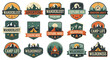 © Avra - Set of vintage outdoor adventure badges depicting majestic mountain wilderness, serene camp life, and nature exploration themes