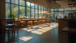 © Yassine - Sunlit cafe interior with large windows and wooden tables. Blurred background cafe coffee shop restaurant