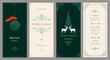 © KatyaKatya - Christmas floral templates 4x9. Universal Winter Holiday cards with decorative Christmas Tree, Christmas ornament, reindeers, ornate frames with copy space and greetings.
