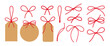 © Iulia - Set of empty Christmas tag with bow and ribbon. Kraft paper label, element for gift tied up with cotton red rope bakers twine. Packing string for decoration, present. Flat Isolated vector EPS10
