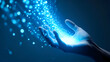 © Jani - hand with digital shimmering particles in blue tech lighting, blue data streams, future, power, magical, technology, hologram, ai, sci-fi, virtual reality, communication, science, innovation, network